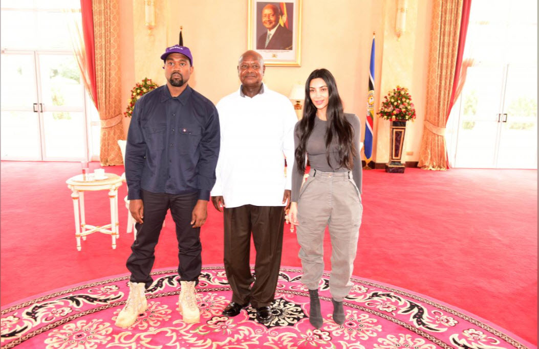 Rapper Kanye West (L) and Kim Kardashian (R) pose for a photograph with Uganda's President Yoweri Museveni when they paid a courtesy call at State House, Entebbe, Uganda October 15, 2018. Presidential Press Unit. Image credit REUTERS