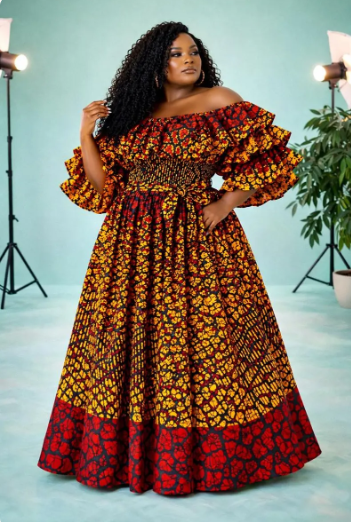 African Print Yellow Ruffle Sleeve Dress