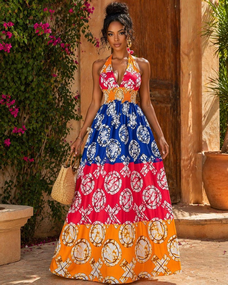 African Print Halter Maxi Dress
