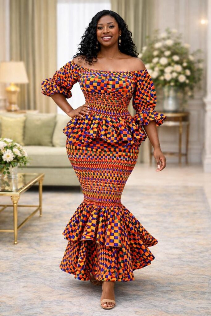 African Print Mermaid Dress –Peplum Waist