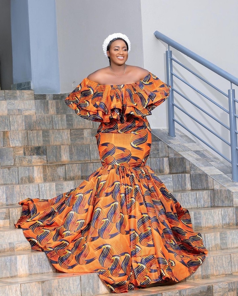 Off-Shoulder African Print Maxi Dress 
