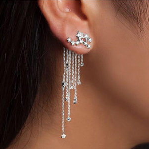 Silver Rhinestone Embellished Chain Tassel Earrings