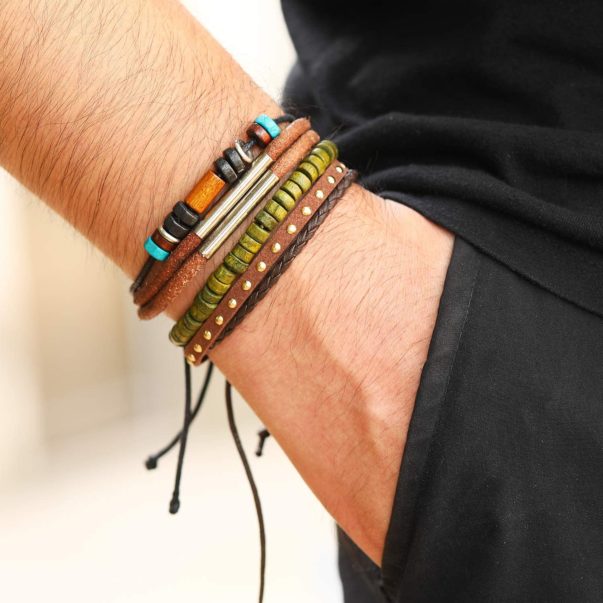 Braided Leather bracelets for Men - 6 Pcs Wooden Beaded Tribal bracelets - Handmade Woven wrap cuff - Adjustable Black and Brown