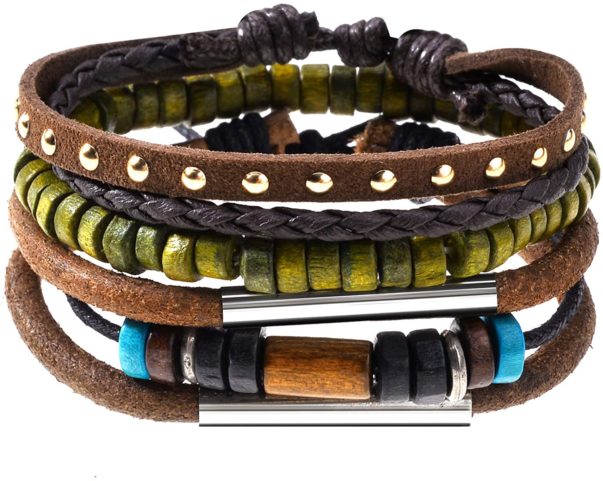 Braided Leather bracelets for Men - 6 Pcs Wooden Beaded Tribal bracelets - Handmade Woven wrap cuff - Adjustable Black and Brown