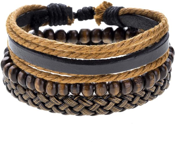 Braided Leather bracelets for Men - 6 Pcs Wooden Beaded Tribal bracelets - Handmade Woven wrap cuff - Adjustable Black and Brown