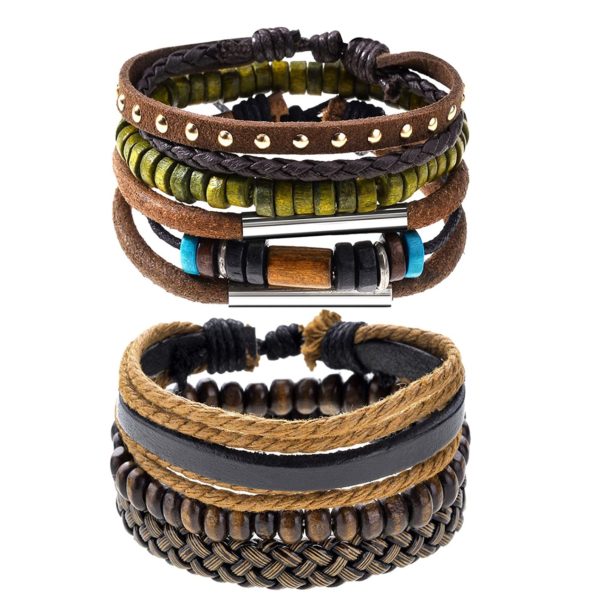 Braided Leather bracelets for Men - 6 Pcs Wooden Beaded Tribal bracelets - Handmade Woven wrap cuff - Adjustable Black and Brown