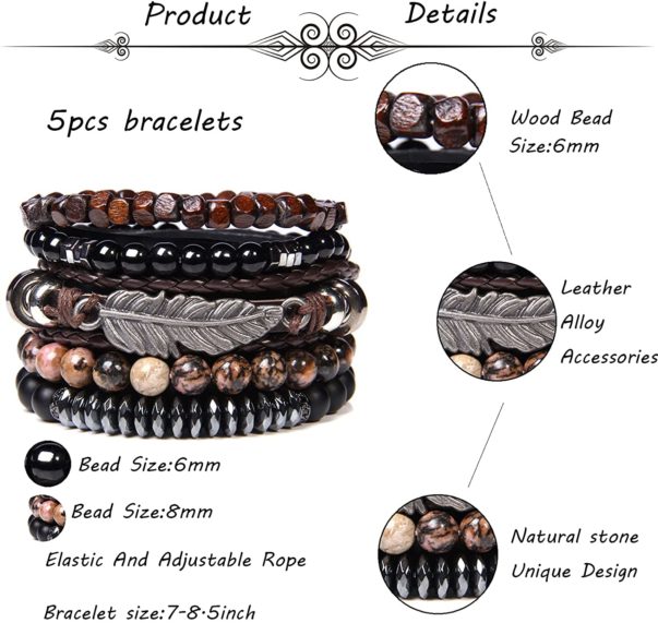 MOZAKA 3-6 Pcs Braided Leather Bracelets for Men Women Wrap Tiger Eye Lava Rock Beads Bracelet Woven Ethnic Tribal Rope Wristbands Bracelets Set Adjustable