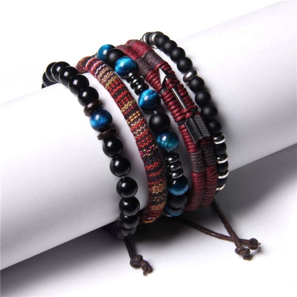 WAINIS Braided Leather Bracelets for Men Women Wrap Tiger Eye Lava Rock Beads Bracelet Woven Ethnic Tribal Rope Wristbands Bracelets Set Adjustable