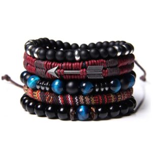 WAINIS Braided Leather Bracelets for Men Women Wrap Tiger Eye Lava Rock Beads Bracelet Woven Ethnic Tribal Rope Wristbands Bracelets Set Adjustable