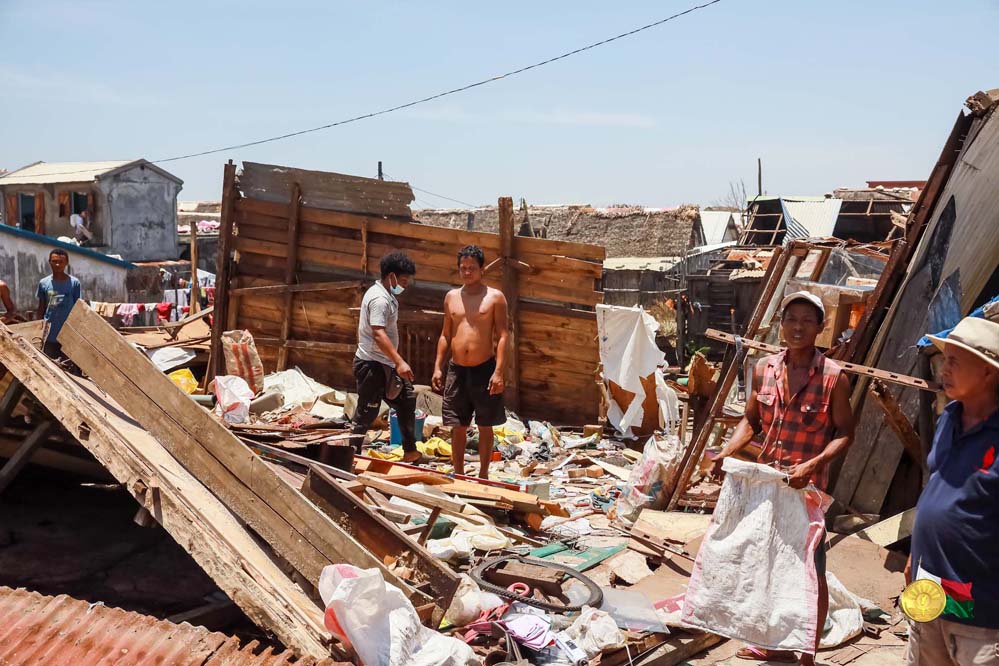 Completely destroyed houses in Madagascar following Cyclone Batsirai landfall