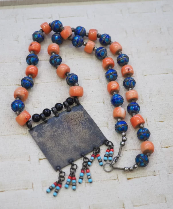 Antique Red Coral African Flower Pendant Necklace