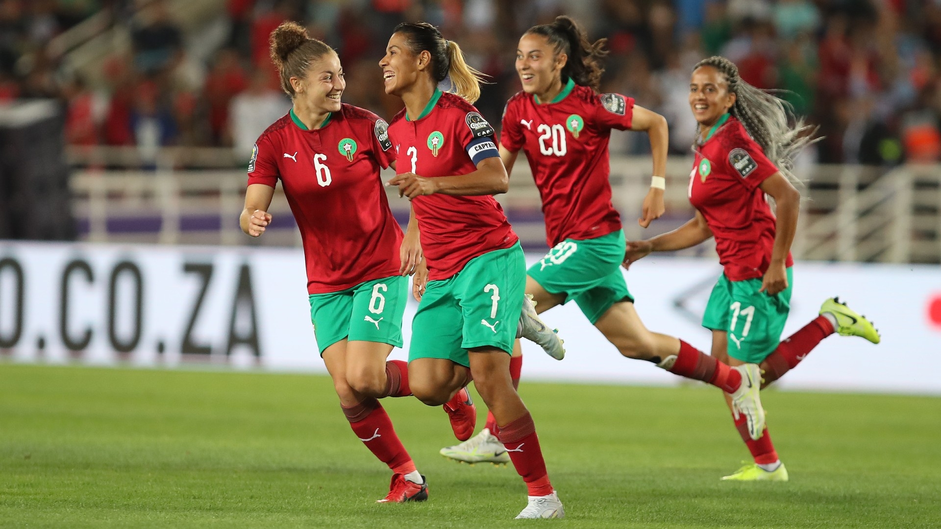 Morocco team celebrate a goal at WAFCON 2022 (Photo credit: Goal.com)