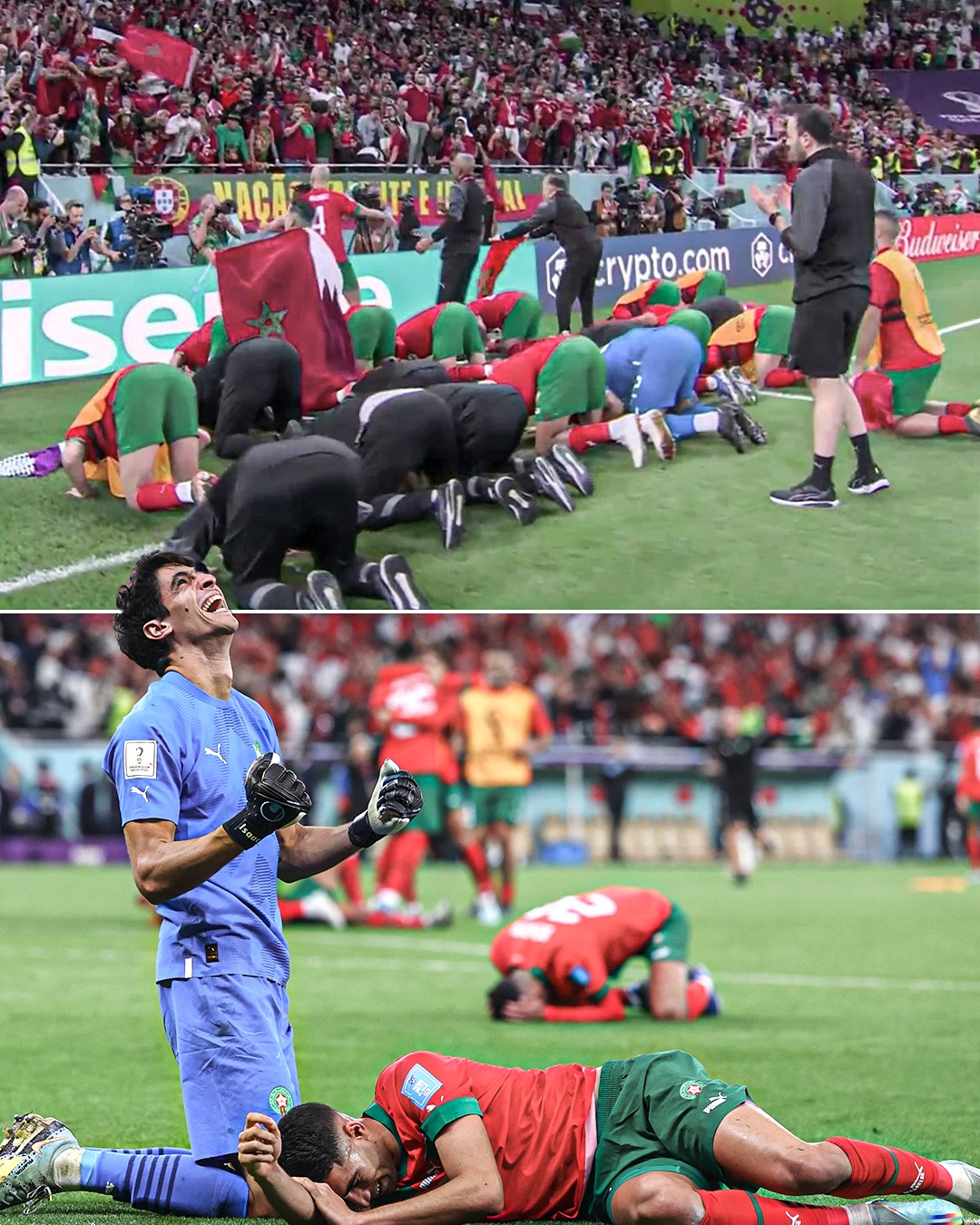 Moroccan team celebrates after a historic win against Portugal at Qatar 2022 World Cup (Photo credit: @ESPNFC/Twitter)