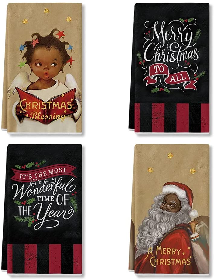 Artoid Mode Angel Child Christmas Kitchen Towels and Dish Towels, 18 x 26 Inch African American Black Santa Drying Cloth Tea Towels for Cooking Baking Set of 4