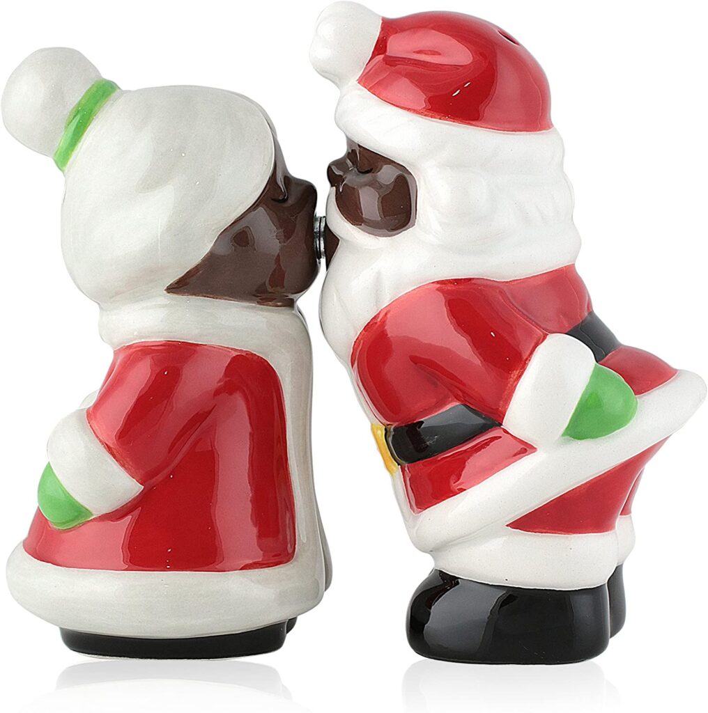 African American Mr. & Mrs. Santa Claus Kissing Salt and Pepper Shaker Set 