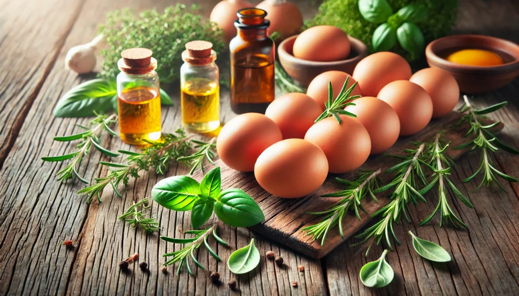 African Foods For Longer Hair - Close-up of arranged eggs on a rustic wooden table with fresh herbs and small bottles of natural oils, highlighting nutrients for hair growth.