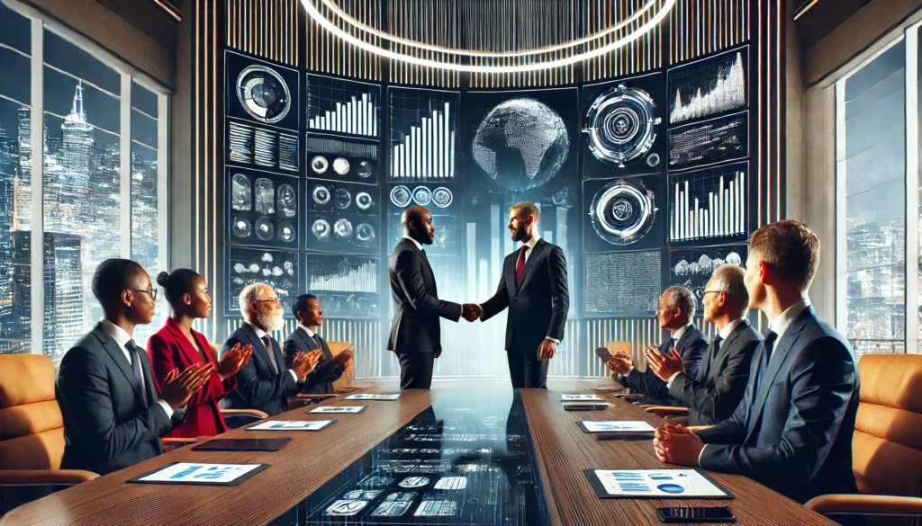 African entrepreneurs shaking hands with Russian business representatives in a high-tech conference room.