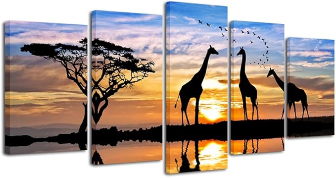Pyradecor 5 Piece Modern Stretched African Landscape Canvas Prints Animals Sunset Artwork Pictures Paintings on Canvas Wall Art for Living Room