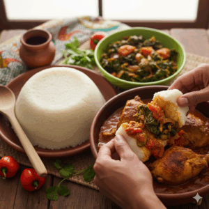 Pap (nshima) with Village Chicken and Pumpkin Leaves