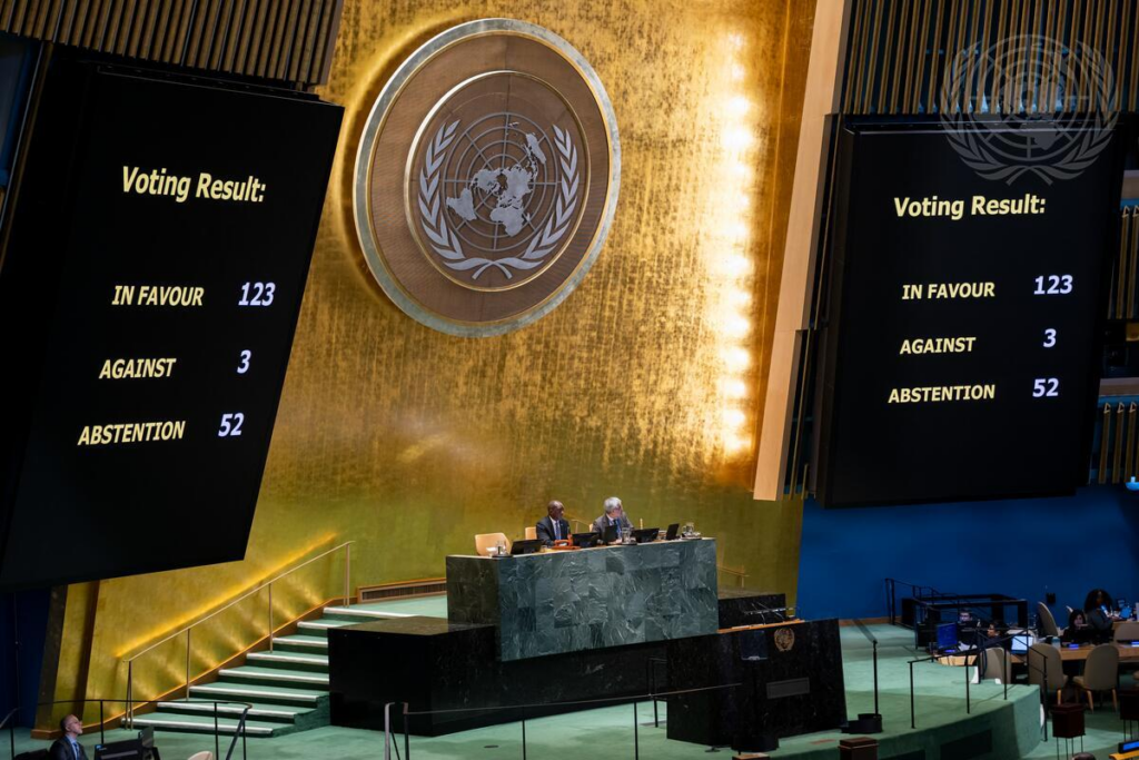 United Nations vote on Resolution A/80/L.48, Agenda Item 119, declaring the Trafficking of Enslaved Africans and the Racialised Chattel Enslavement of Africans as the Gravest Crime Against Humanity. The resolution passed with 123 in favor, 3 against, and 52 abstentions.