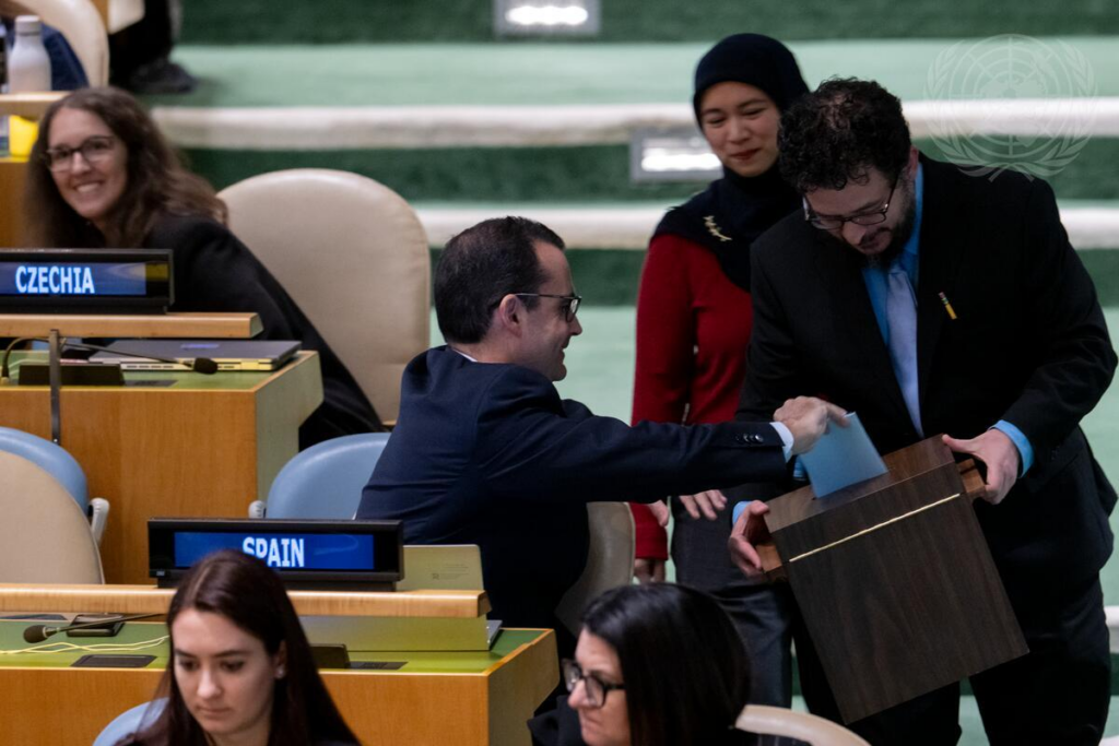  The Spain delegation casts ballots during the vote on Resolution A/80/L.48, Agenda Item 119